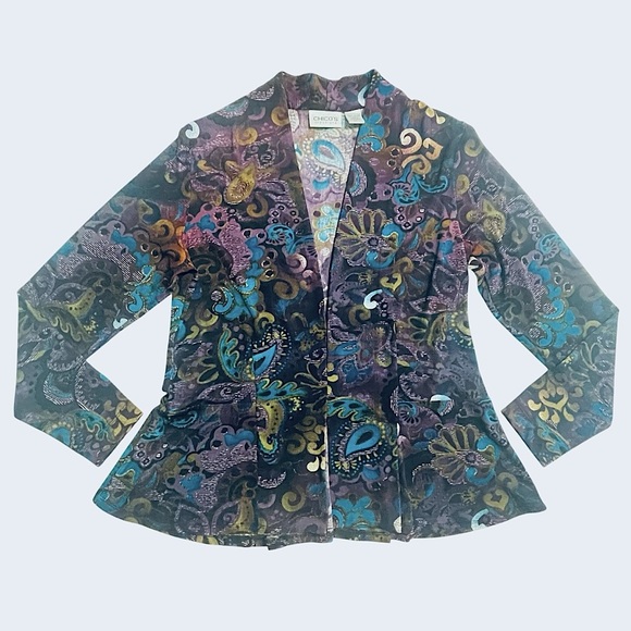 VTG CHICOS TRAVELERS Sz 1 Purple Turquoise Blue Slinky Cardigan - Picture 7 of 11